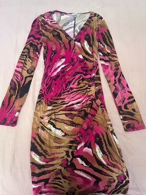 Cache Long-Sleeve Pink and Tan Animal-Print Wrap Dress